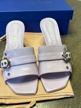 Stuart Weitzman Lilac Leather Slide Mules with Silver Buckles
